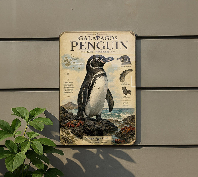 a penguin standing on a rock, with a plant in the foreground.