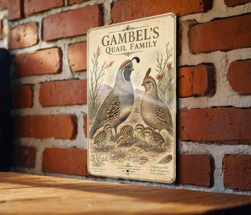 A vintage-style metal sign with an illustration of a family of quails, including a mother, father, and two young birds, mounted on a brick wall.