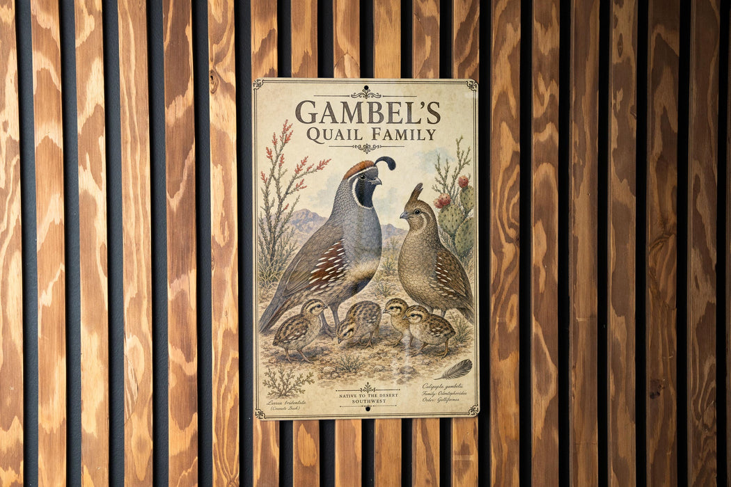 A vintage-style poster of a quail family, featuring illustrations of the birds and their natural habitat, is displayed on a wooden wall.