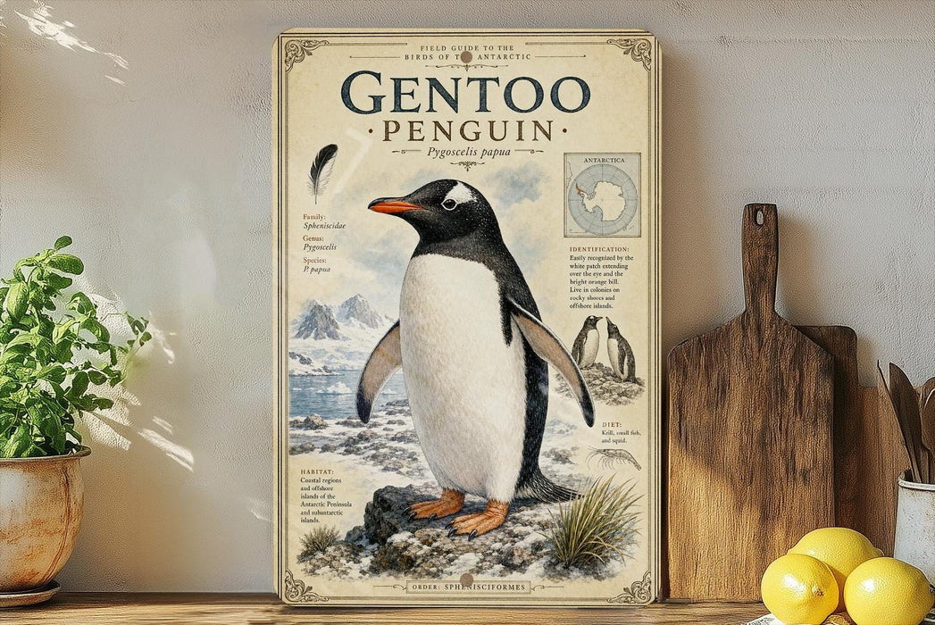 a poster of a penguin on a shelf, with a potted plant to the left and a wooden cutting board to the right.