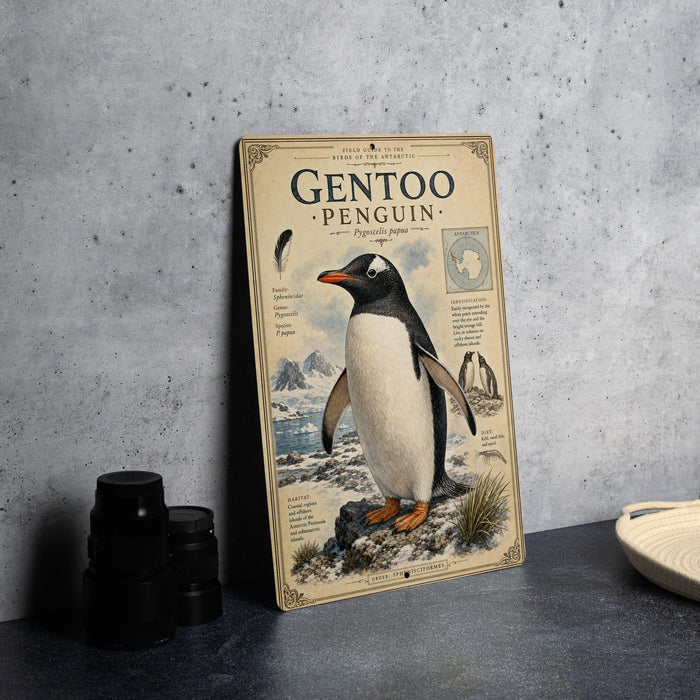 a vintage-style poster of a penguin, with a detailed illustration of the penguin and its natural habitat.