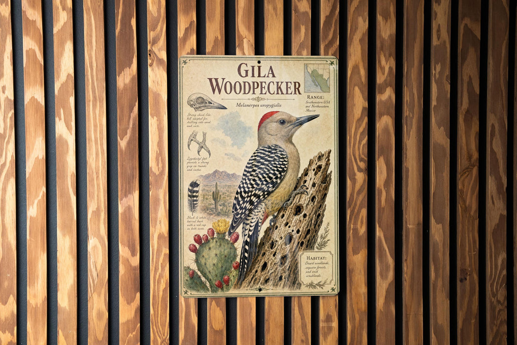 A metal sign with a woodpecker illustration and various bird-related illustrations and text is displayed on a wooden wall.