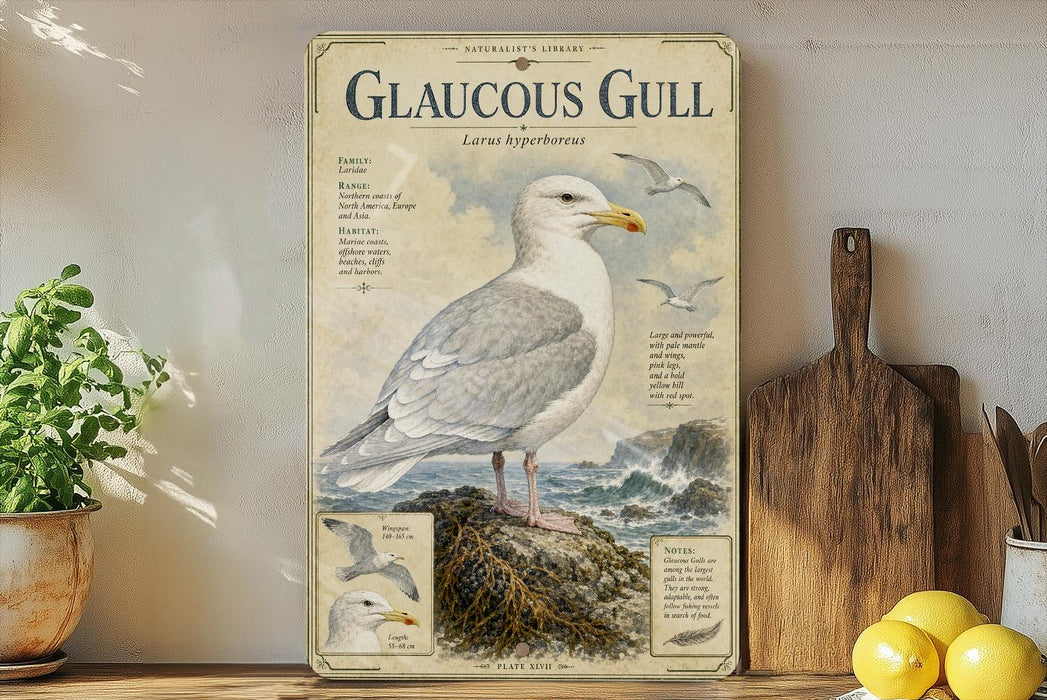 a poster or illustration of a gull, a large seabird, with a detailed illustration of its physical features and habitat. The poster is displayed on a shelf, with a potted plant and a wooden cutting board visible in the background.
