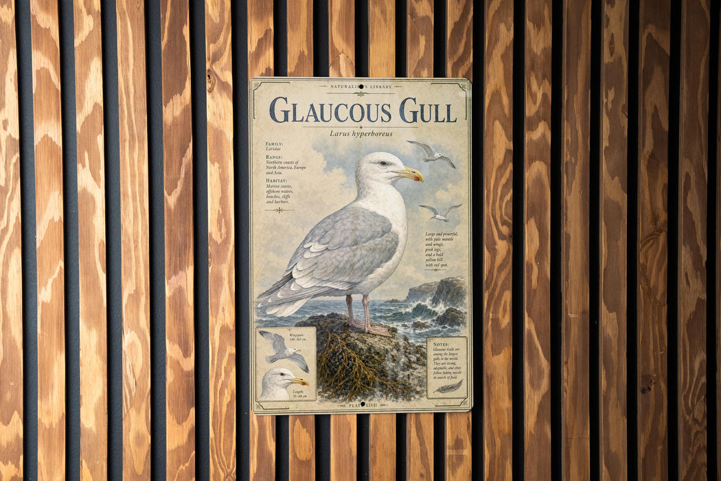 a poster of a gull, which is a type of seagull, displayed on a wooden wall.