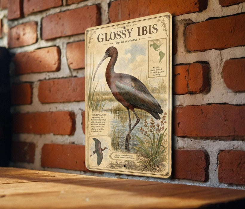 a vintage-style metal plaque with an illustration of a bird, likely a stork, standing on a brick wall.