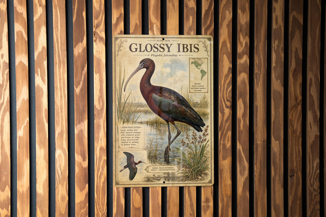 a vintage-style illustration of a bird, specifically a glossy ibis, standing in a natural setting with tall grass and water.