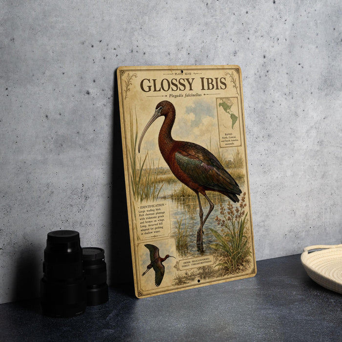 a vintage-style illustration of a bird, specifically a glossy ibis, standing in a natural setting with tall grass and water.