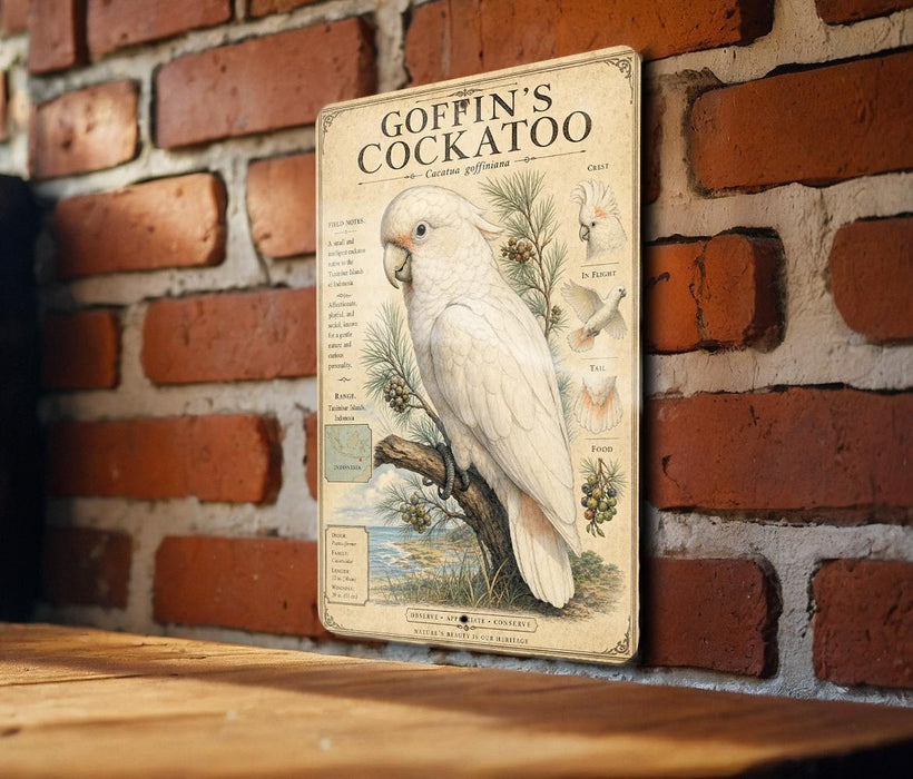 A vintage-style metal plaque featuring an illustration of a white cockatoo perched on a branch, with text providing information about the bird.