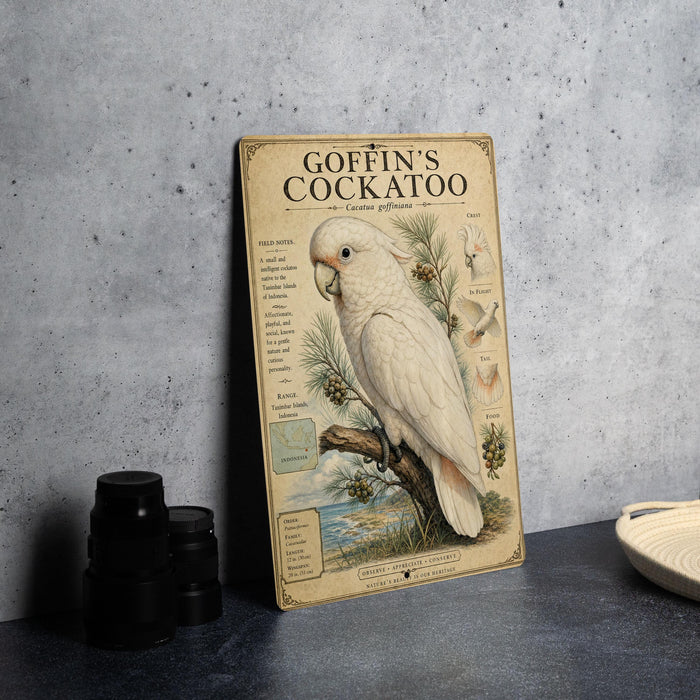 A vintage-style poster of a white cockatoo, featuring detailed illustrations and text, is displayed on a gray wall next to a stack of black camera lenses.