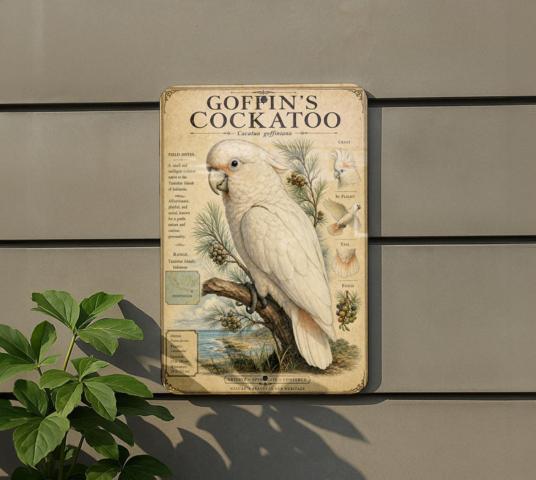 a vintage-style metal sign with a detailed illustration of a white cockatoo perched on a branch, surrounded by various bird-related elements.
