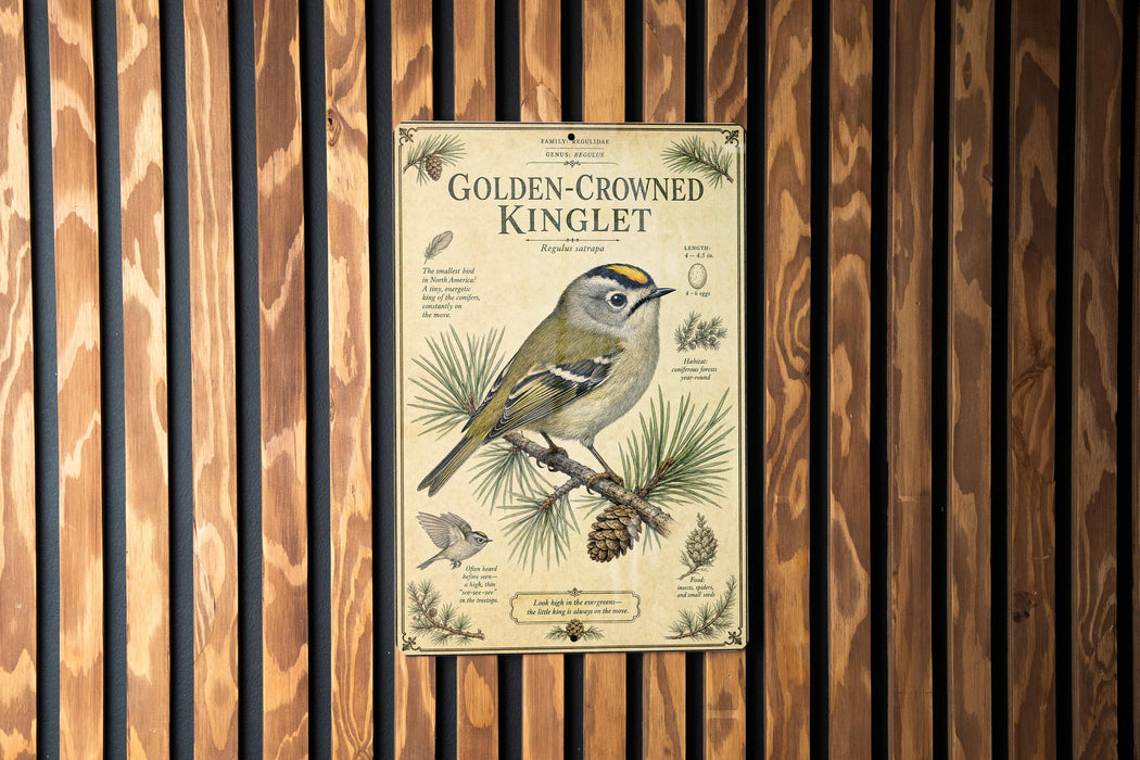 a poster of a golden-crowned kinglet, a small bird, mounted on a wooden wall.