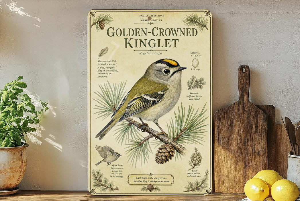 a vintage-style poster or sign with illustrations and text about the Golden-Crowned Kinglet, a small bird with a yellow head and green body, perched on a branch with pine needles. The poster is displayed on a shelf next to a wooden cutting board and a potted plant, creating a rustic and nature-inspired setting.