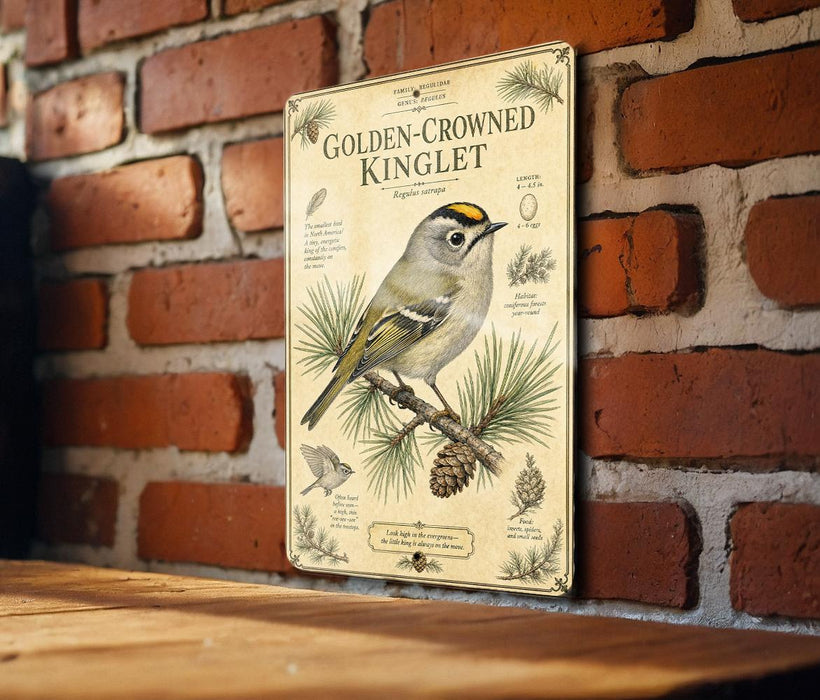 a vintage-style illustration of a golden-crowned kinglet perched on a branch, with detailed botanical illustrations and text.