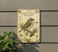 a sign with a detailed illustration of a golden-crowned kinglet bird perched on a pine branch, surrounded by pine needles and pine cones.