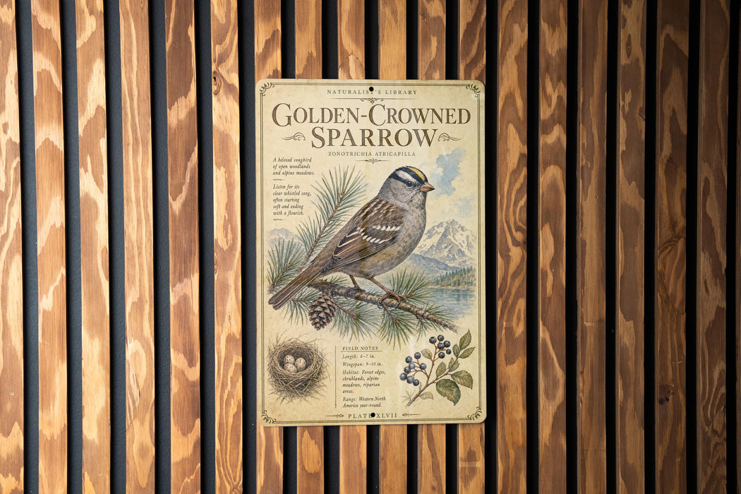 A vintage-style metal sign with an illustration of a golden-crowned sparrow, mounted on a wooden wall.