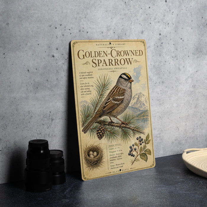 a vintage-style metal plaque with an illustration of a golden-crowned sparrow perched on a branch, surrounded by pine needles and pine cones. The plaque is placed on a gray countertop, with a stack of black camera lenses and a white plate visible in the background.