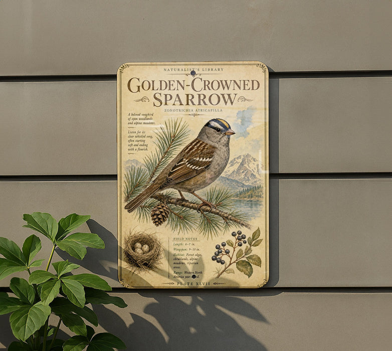 a vintage-style metal sign with a detailed illustration of a golden-crowned sparrow perched on a branch, surrounded by pine cones and berries. The sign is mounted on a gray wall, and there is a plant visible to the left of the sign.