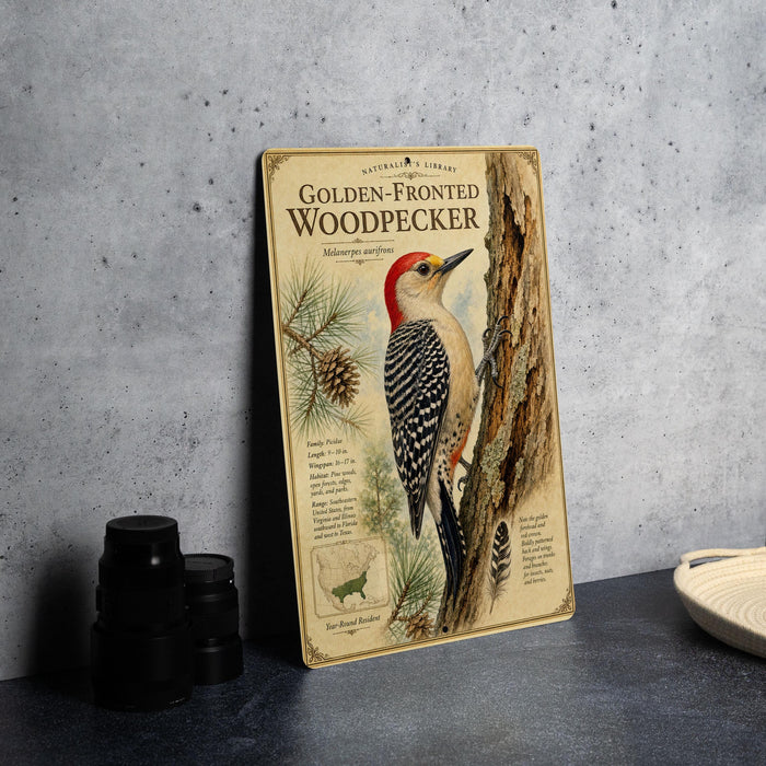 A framed illustration of a golden-fronted woodpecker is displayed on a table, accompanied by a plate of food and a stack of black camera lenses.