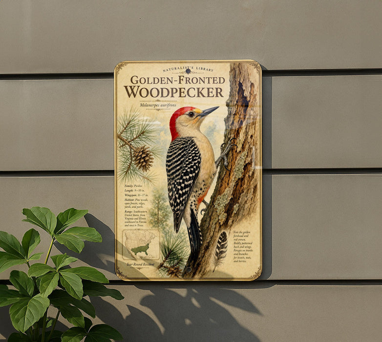 a detailed illustration of a golden-fronted woodpecker perched on a tree trunk, surrounded by pine cones and pine needles.