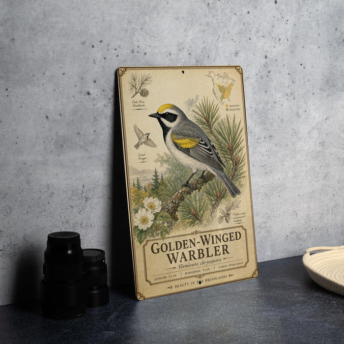 A vintage-style metal sign featuring a detailed illustration of a golden-winged warbler perched on a branch, surrounded by pine cones and other natural elements.