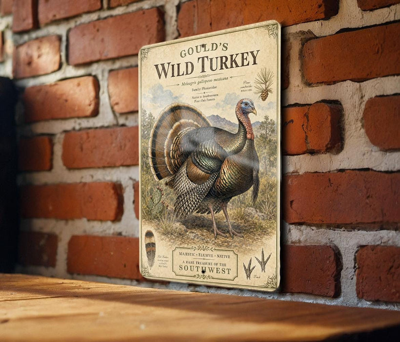 A vintage-style metal sign featuring a detailed illustration of a wild turkey, mounted on a brick wall.