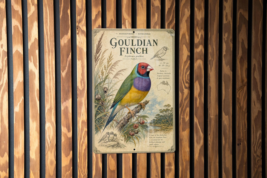 a colorful illustration of a Goul Dian finch, a type of bird, perched on a branch with various plants and flowers surrounding it.
