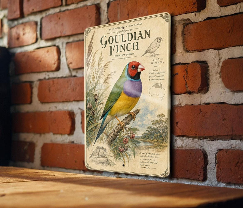 a vintage-style metal sign with a colorful illustration of a Gouldian finch, mounted on a brick wall.