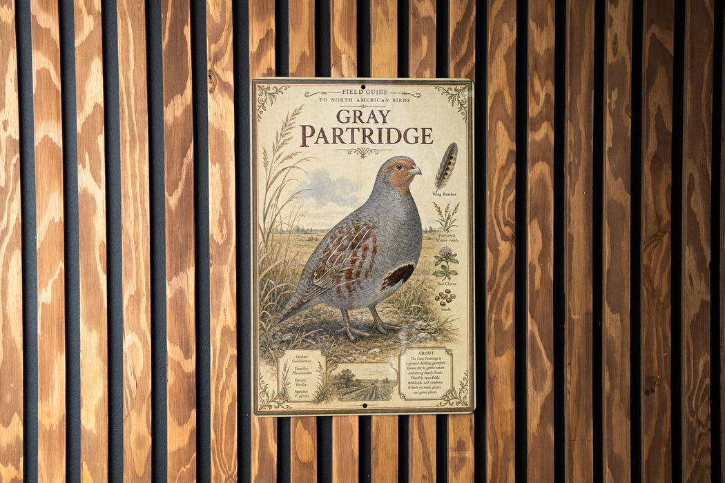 a vintage-style metal sign with an illustration of a gray and brown bird, likely a partridge, standing in a grassy field.