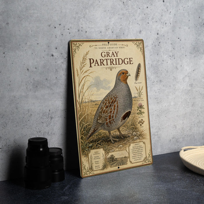 a framed illustration of a gray partridge standing on a grassy field, with a detailed illustration of the bird and its natural habitat.