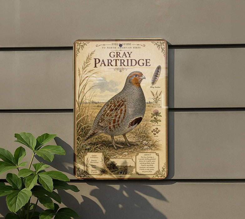 a vintage-style metal sign with a detailed illustration of a gray partridge standing in a field, surrounded by tall grass and wildflowers.