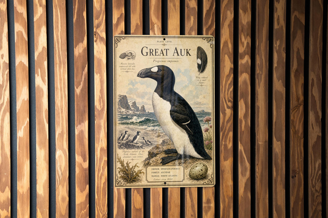 a vintage-style poster of a penguin, mounted on a wooden wall.