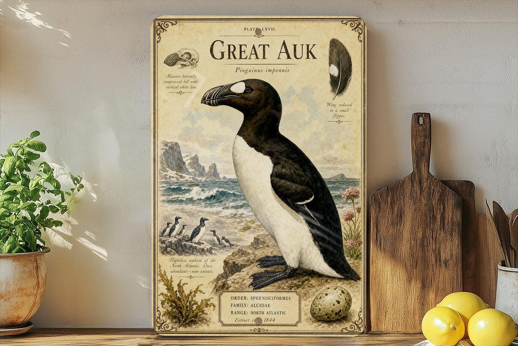 a vintage-style poster of a Great Auk, a large sea bird, displayed on a wall next to a wooden cutting board and some potted plants.