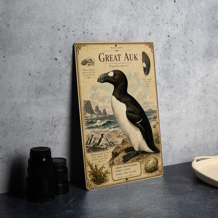 a vintage-style illustration of a great auk, a type of seabird, with various illustrations and text providing information about the bird.