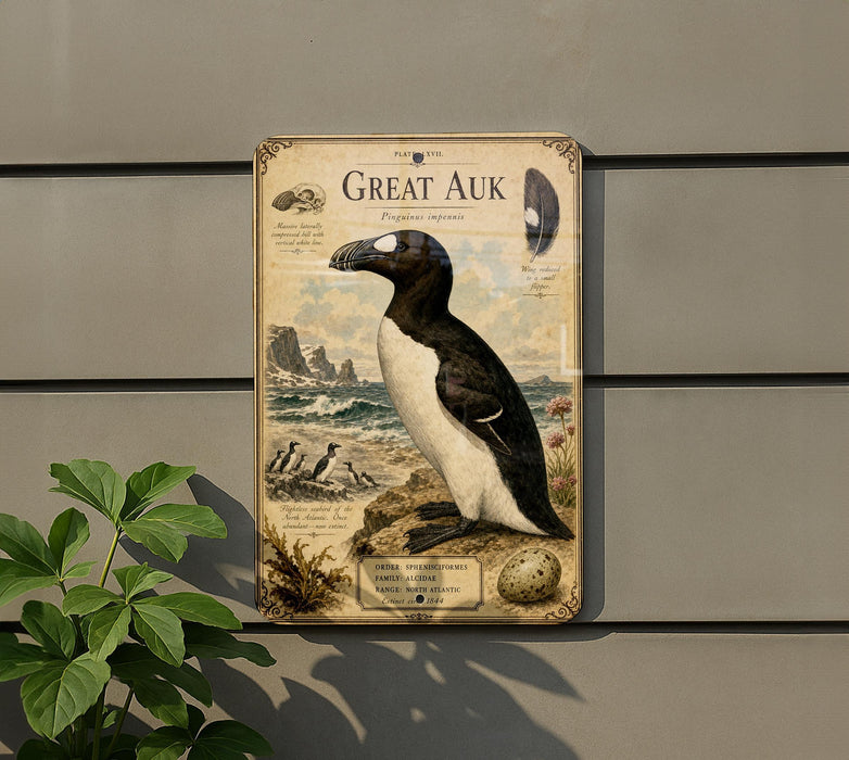 a vintage-style metal plaque depicting a penguin, with a plant in the foreground.
