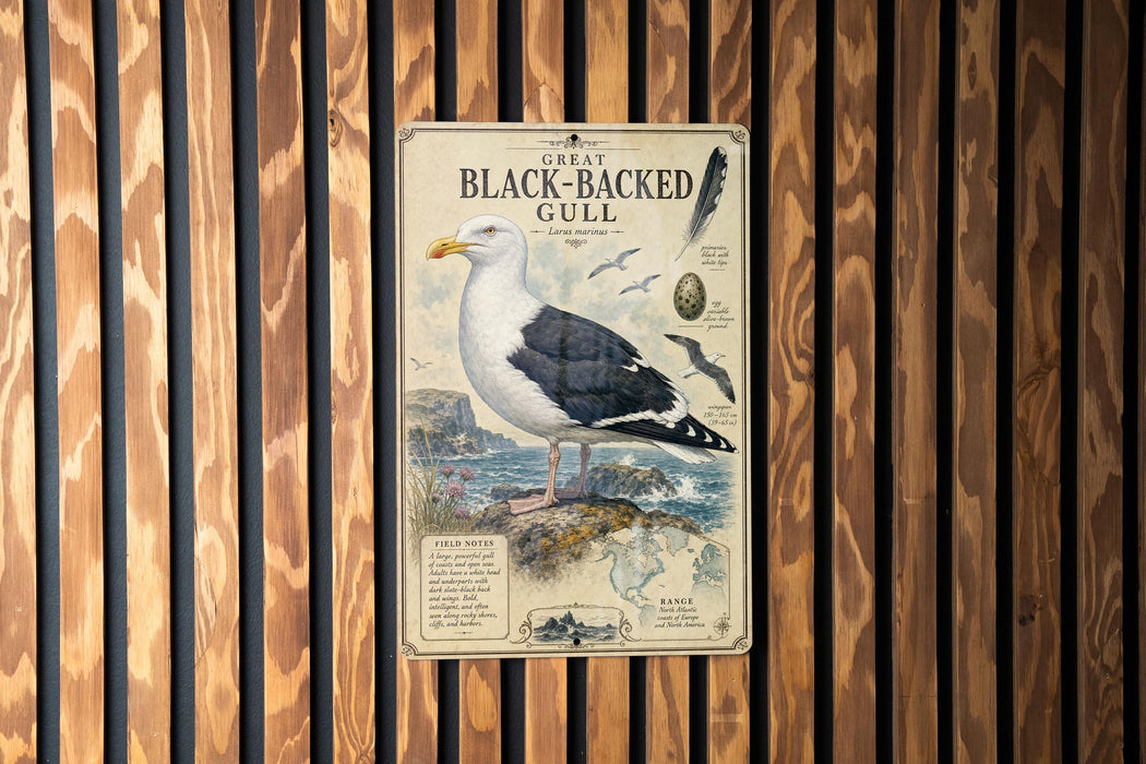 A vintage-style poster of a Great Black-backed Gull, featuring a detailed illustration of the bird and its natural habitat.