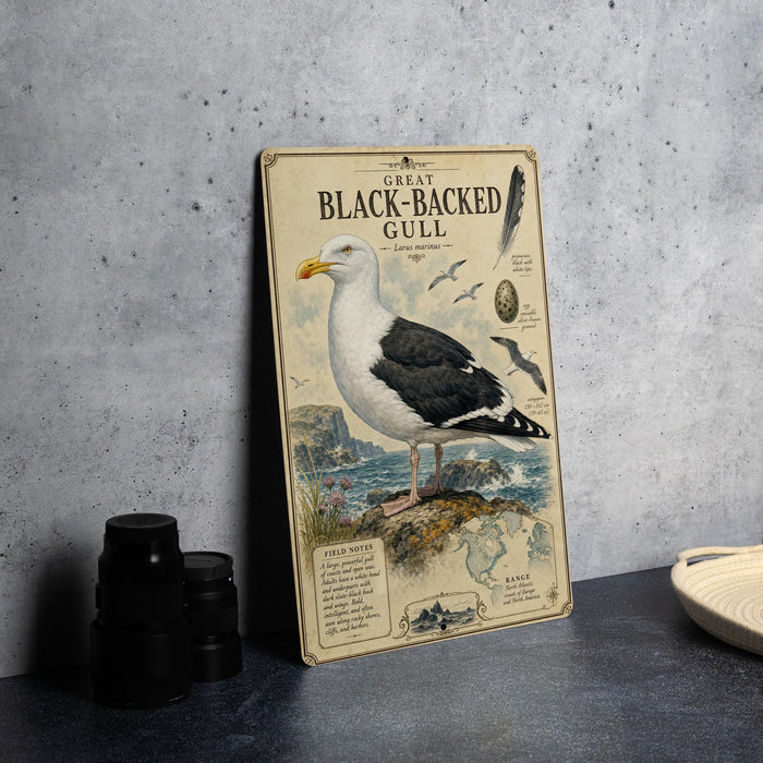 A vintage-style metal plaque featuring an illustration of a black-backed gull standing on a rocky cliff, with a map and text below the image.