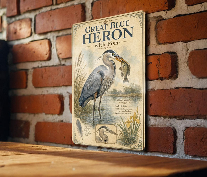 A vintage-style metal sign with an illustration of a great blue heron holding a fish, mounted on a brick wall.