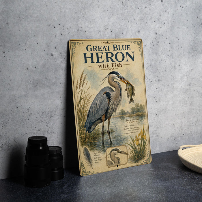 a framed illustration of a great blue heron with a fish in its beak, standing on a table next to a stack of black camera lenses.