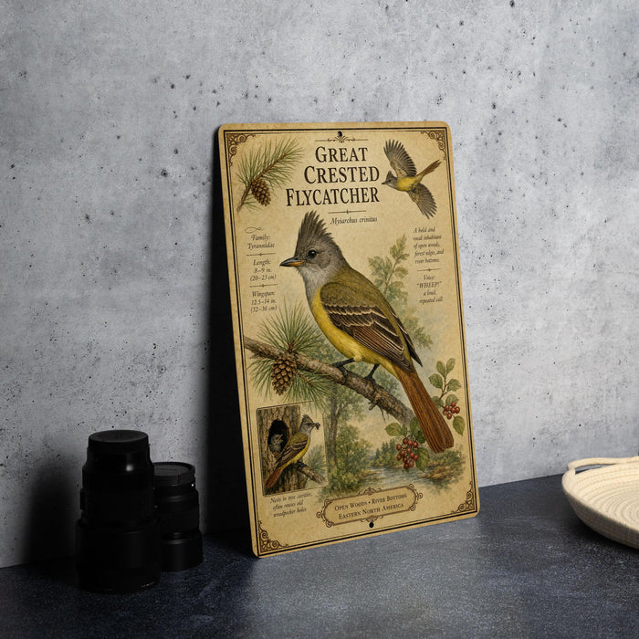 A framed illustration of a Great Crested Flycatcher, a bird species, is displayed on a table next to some black camera lenses.