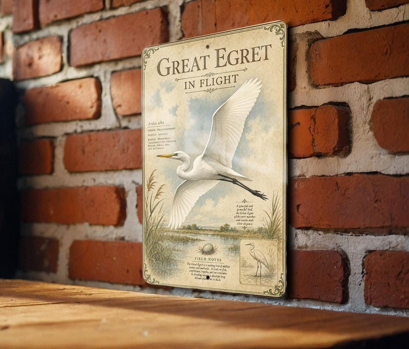 a vintage-style metal sign with a white heron illustration, mounted on a brick wall.