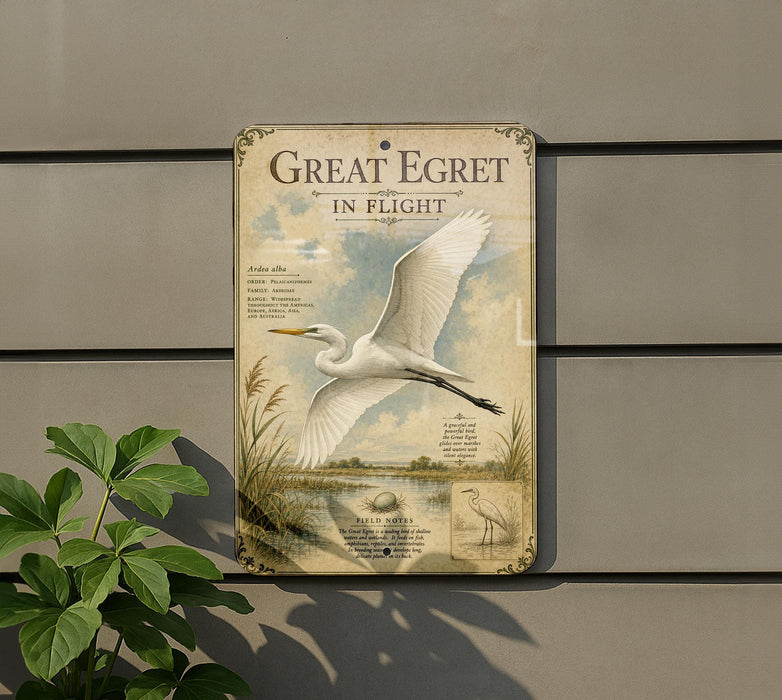 a sign with a large white bird in flight, surrounded by greenery and a plant.