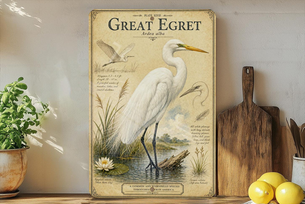 A vintage-style illustration of a great egret, a large wading bird, standing on a log in a pond with a lotus flower nearby. The illustration is framed by a decorative border and is displayed on a shelf alongside a wooden cutting board and a potted plant.