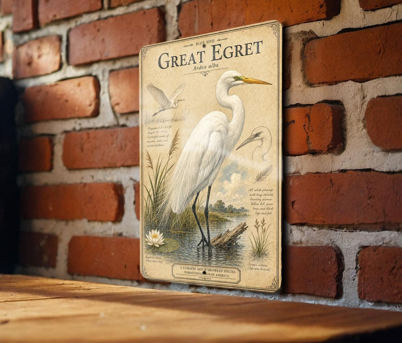 a vintage-style illustration of a great egret, a large wading bird, standing on a brick wall.