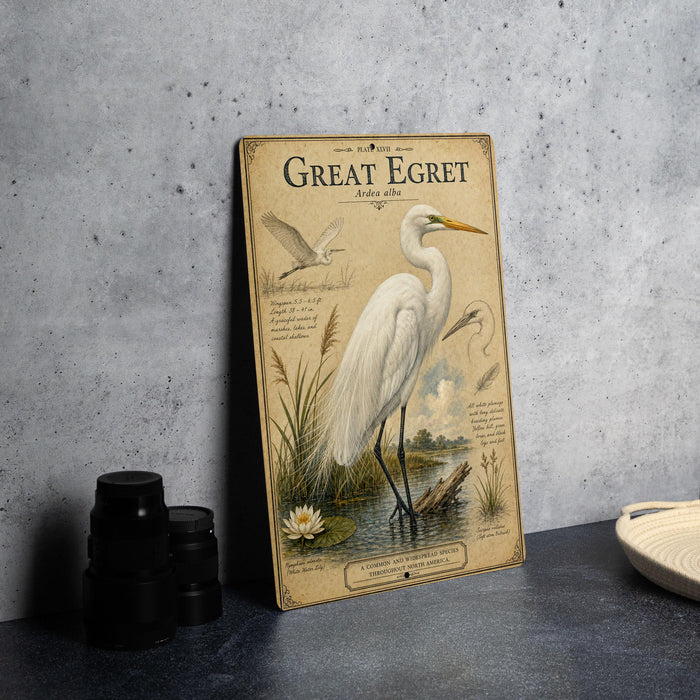 a vintage-style illustration of a great egret standing in a body of water, surrounded by plants and a lily pad.