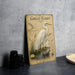 a vintage-style illustration of a great egret standing in a body of water, surrounded by plants and a lily pad.