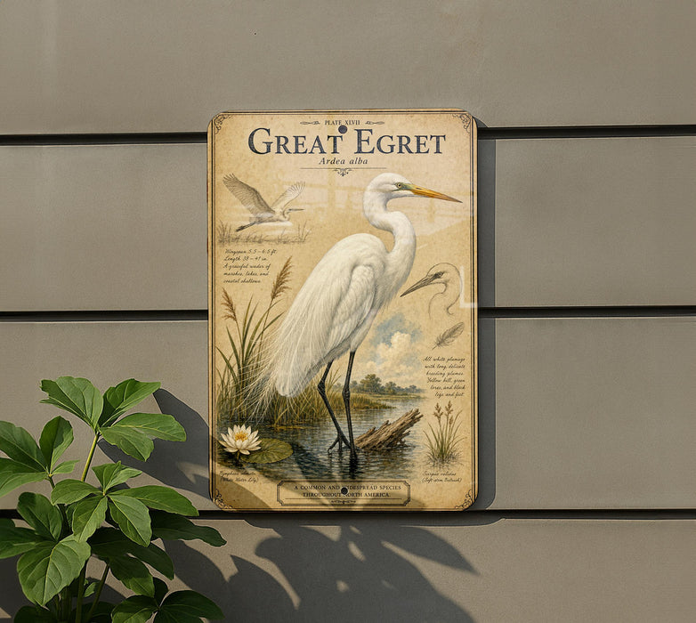 a vintage-style metal sign with a white egret illustration, mounted on a wall next to a plant.