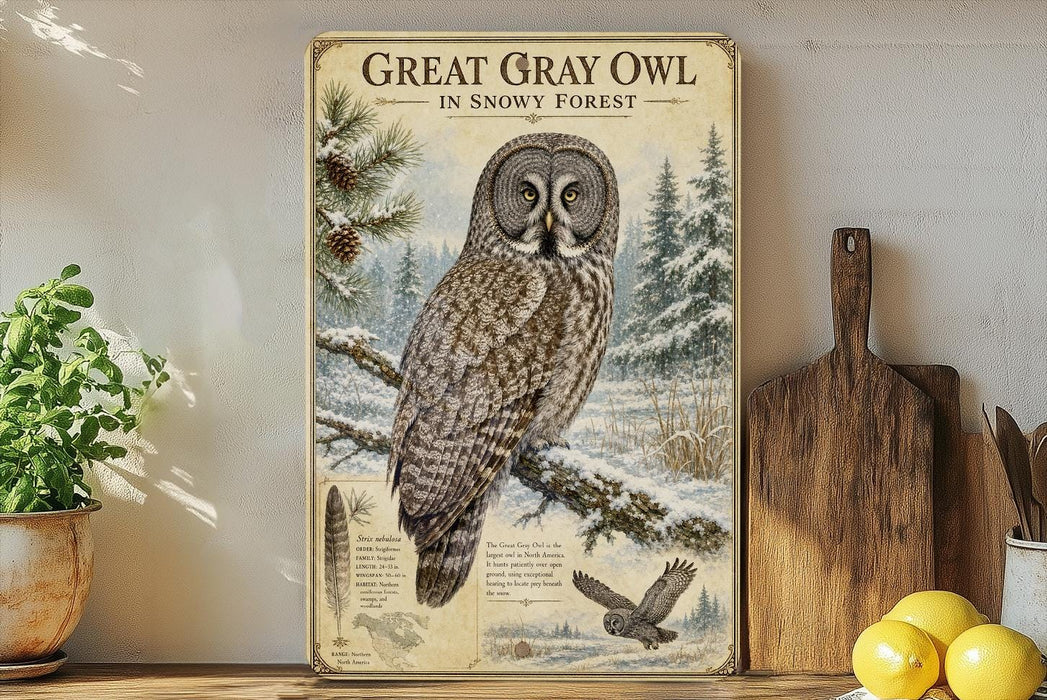 A framed illustration of a great gray owl in a snowy forest, accompanied by text and a detailed illustration of the owl's features.