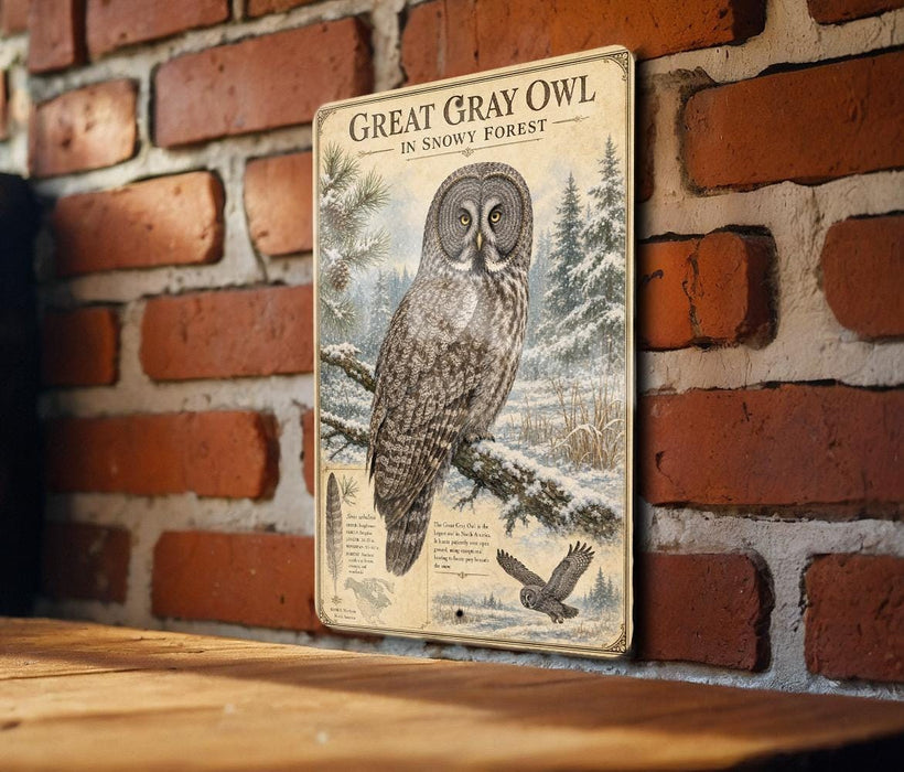a metal sign with an illustration of a great gray owl in a snowy forest setting.