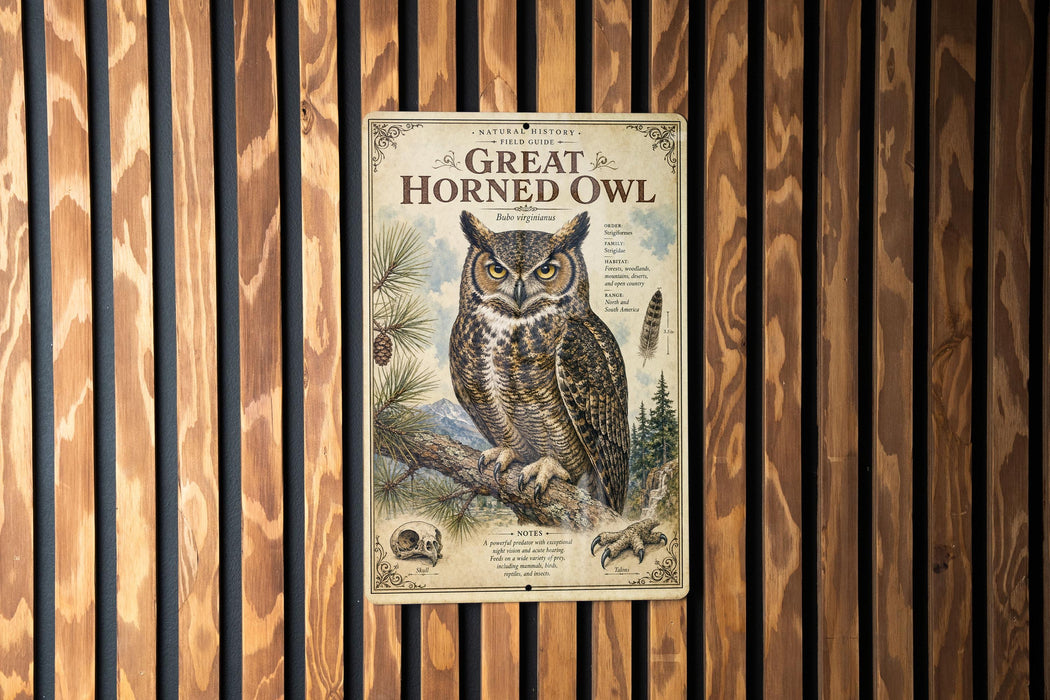 A poster of a Great Horned Owl is displayed on a wooden wall.