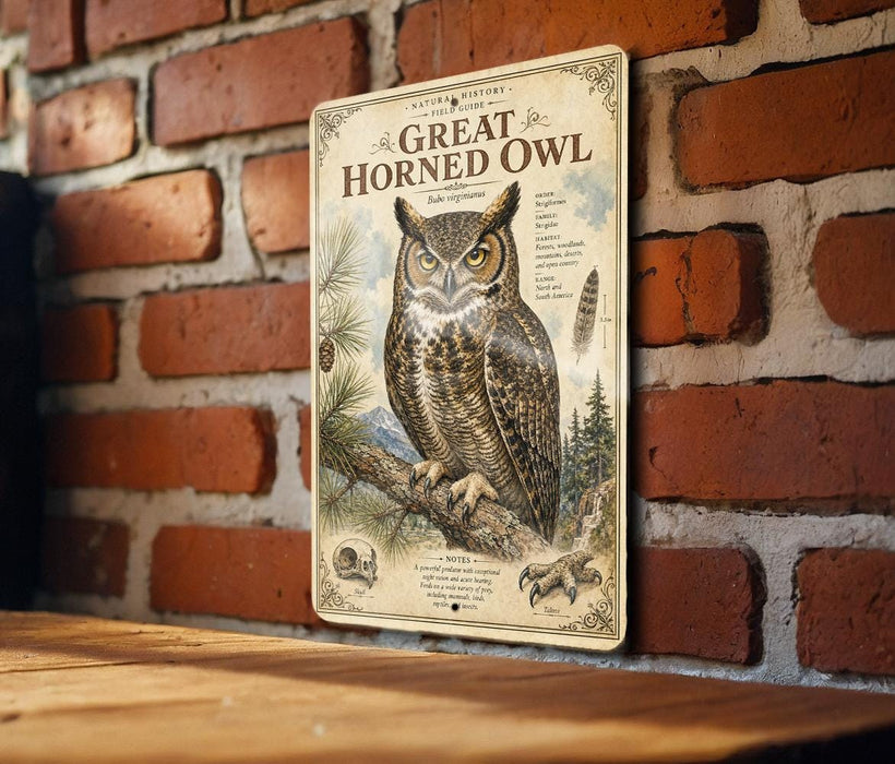 a vintage-style metal sign with an illustration of a horned owl perched on a branch, mounted on a brick wall.